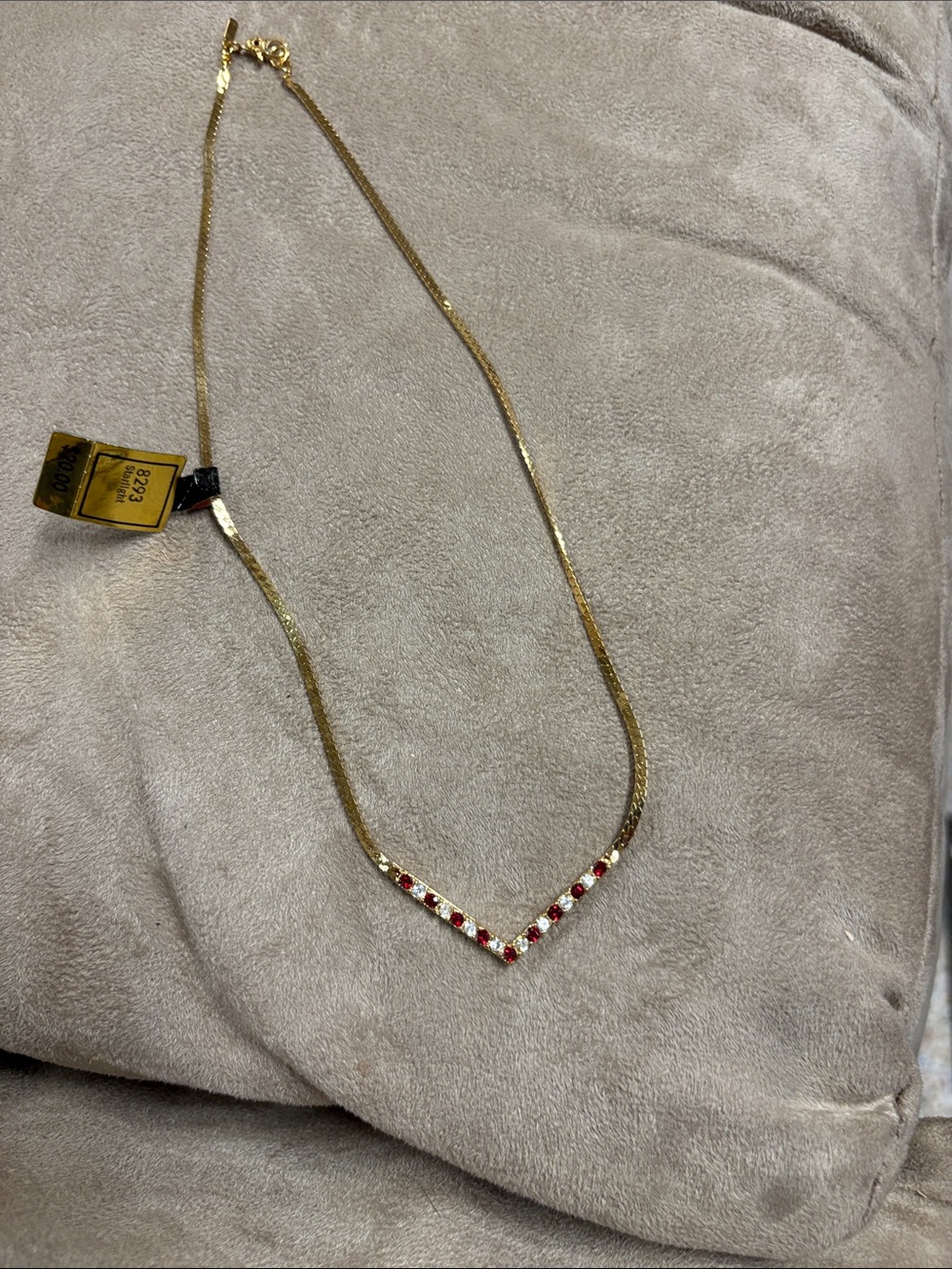 Gold V-Point Necklace with Red Gem Accents vintage